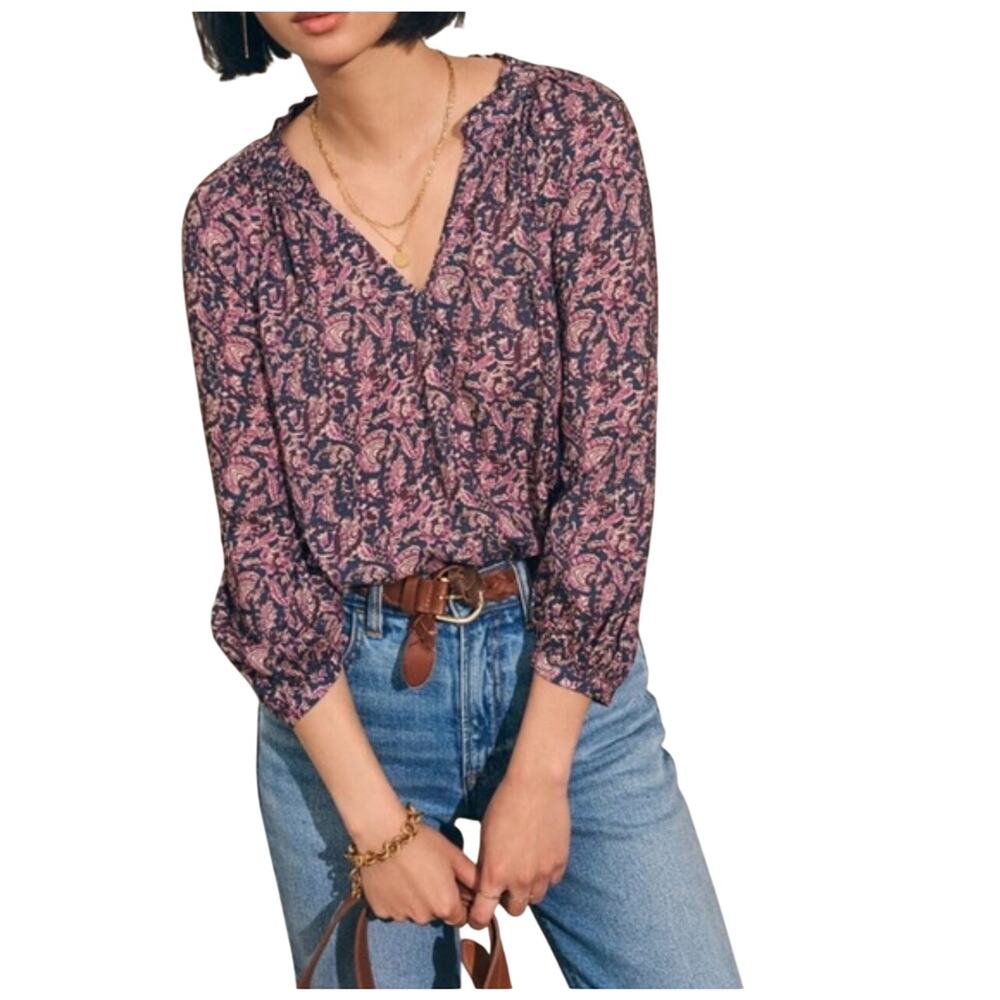 FAHERTY Women’s Portia Navy and Orchid Paisley Print 3/4 sleeve top